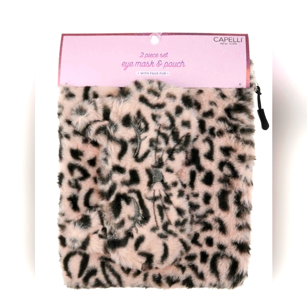 Cheetah Faux Fur Cat Eye Mask & Zip Top Pouch Travel Set - Picture 2 of 6